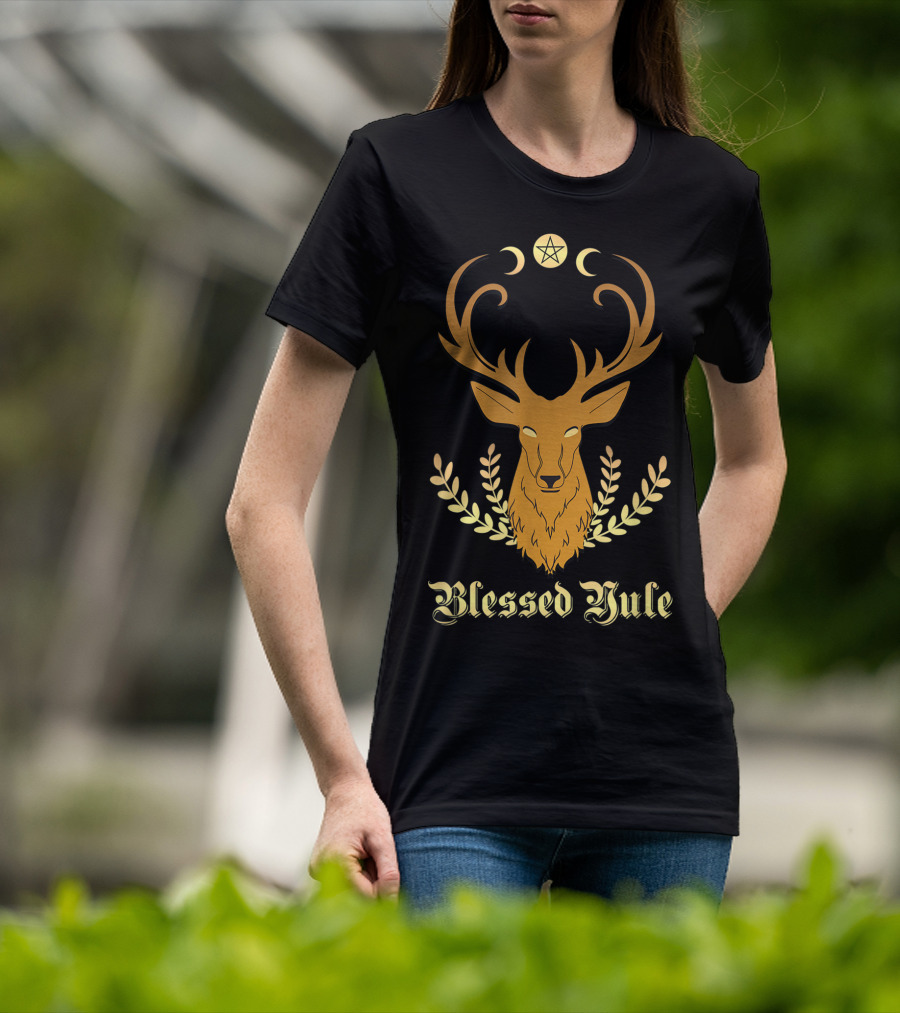 Blessed Yule Christmas Stag Pentacle Triple Moon T-Shirt