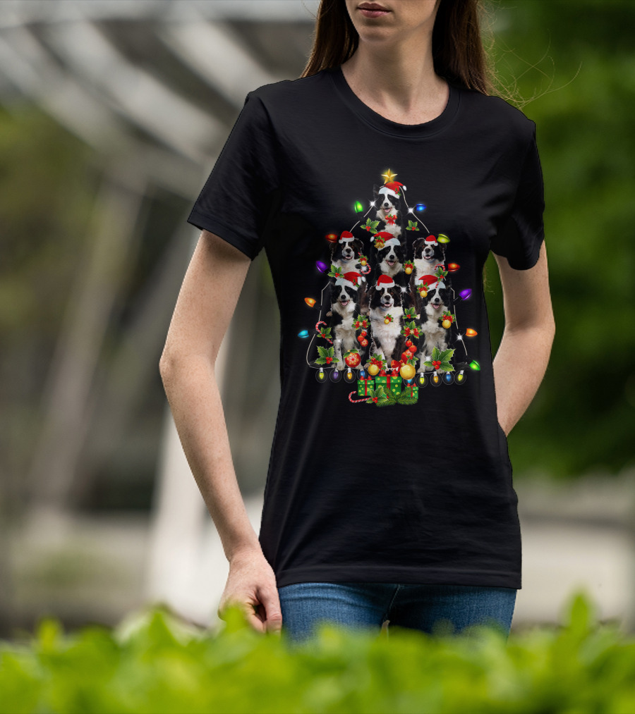 Border Collie Christmas Lights Festive Santa Hat Tree T-Shirt