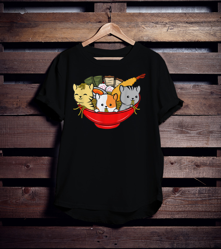 Kawaii Cat Trio In Ramen Bowl With Japanese Anime Style Meal T-Shirt