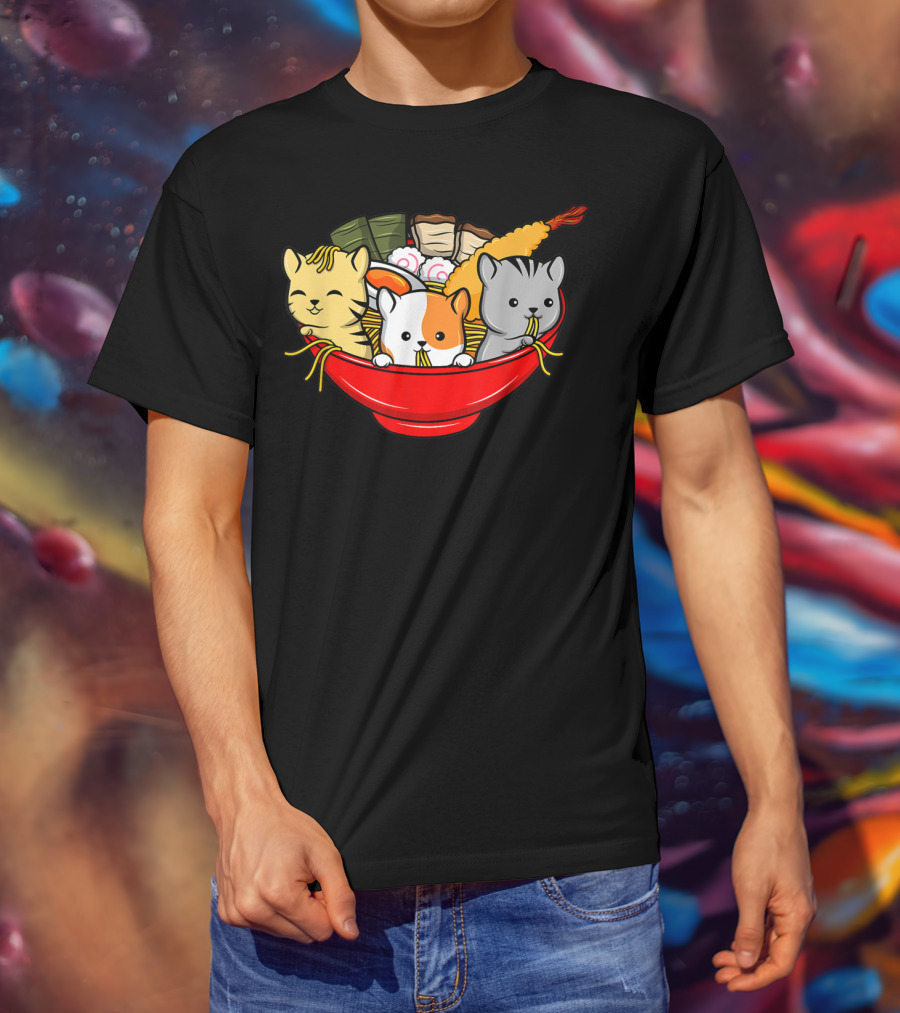 Kawaii Cat Trio In Ramen Bowl With Japanese Anime Style Meal T-Shirt