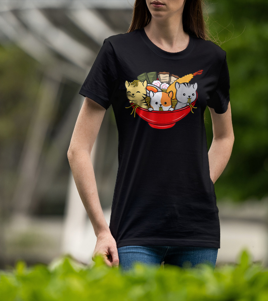 Kawaii Cat Trio In Ramen Bowl With Japanese Anime Style Meal T-Shirt