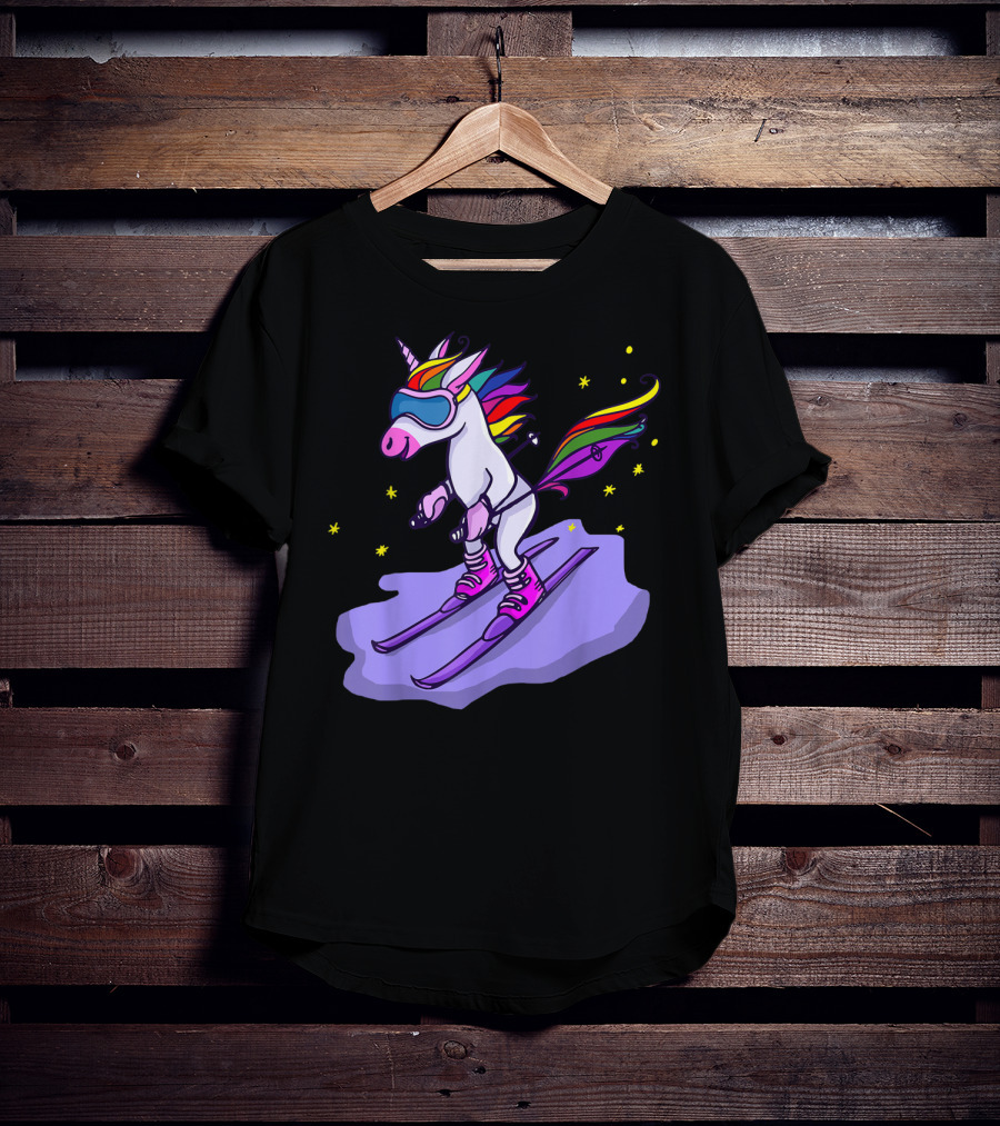 Cute Unicorn Skiing In Rainbow T-Shirt