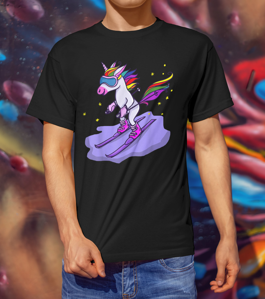 Cute Unicorn Skiing In Rainbow T-Shirt