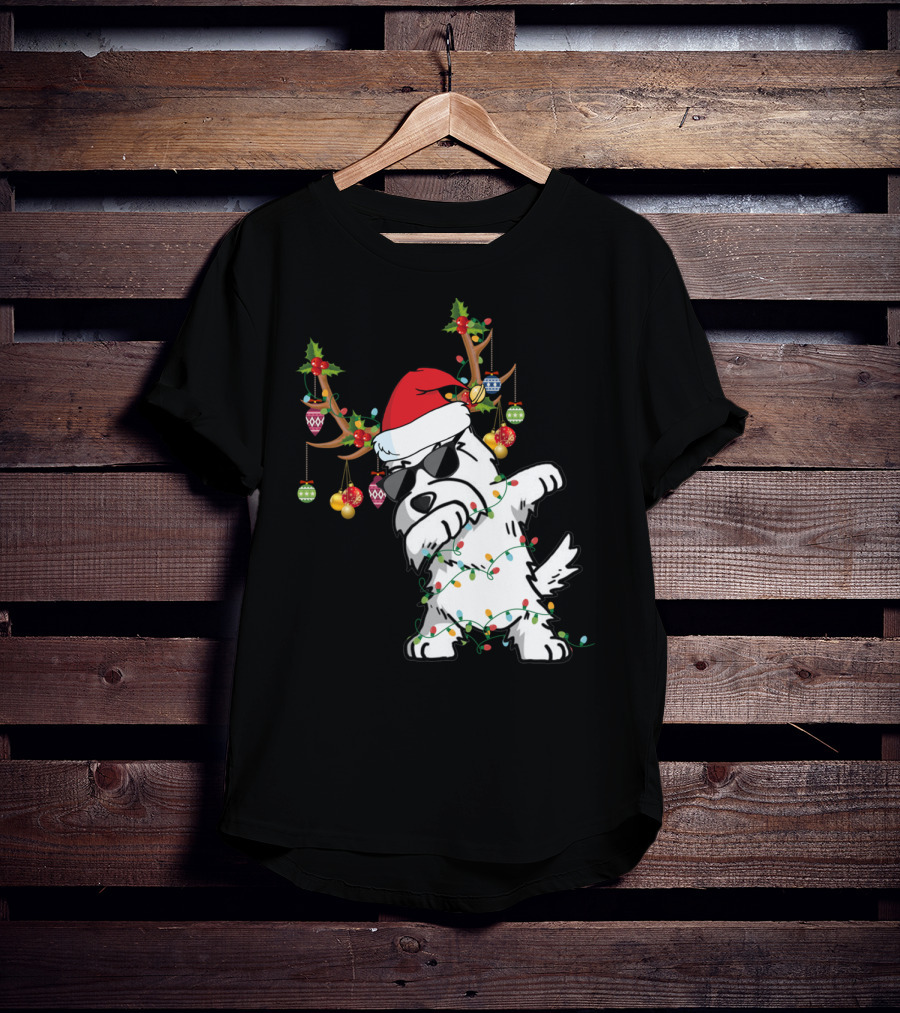 Dabbing Westie Dog Christmas Lights Santa Hat Reindeer Antlers Ornaments T-Shirt