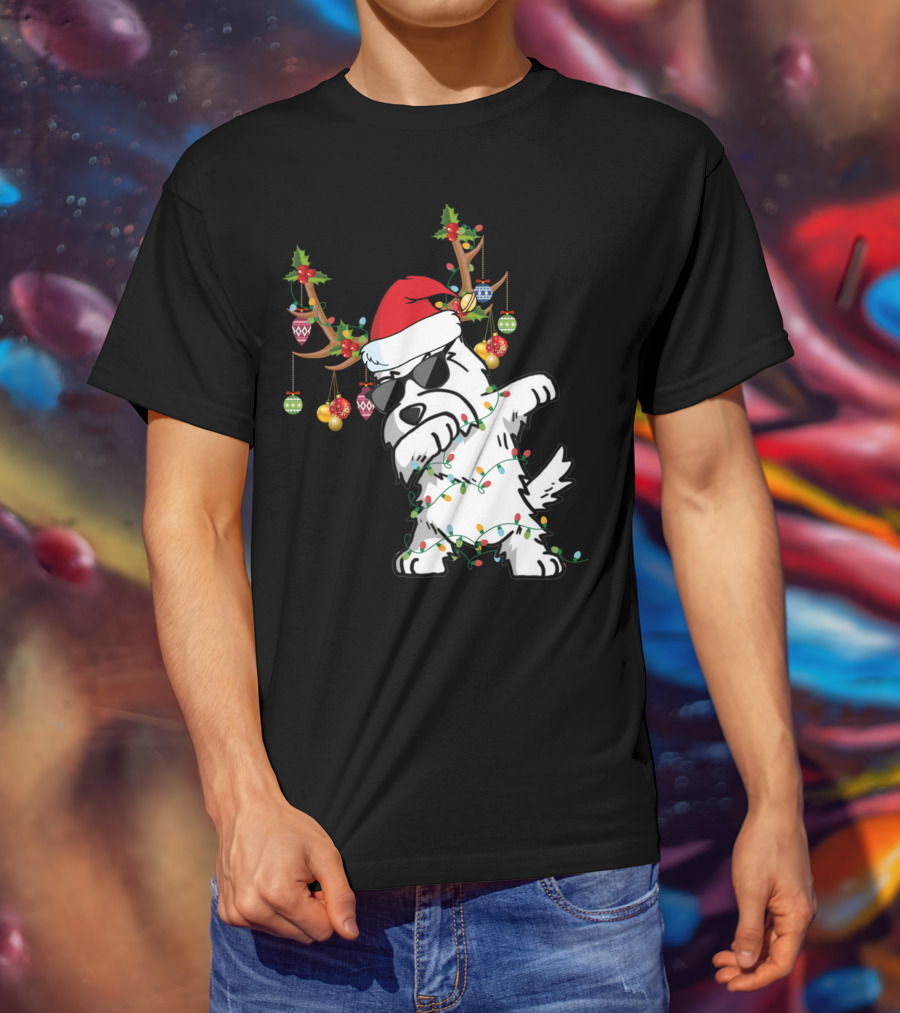 Dabbing Westie Dog Christmas Lights Santa Hat Reindeer Antlers Ornaments T-Shirt