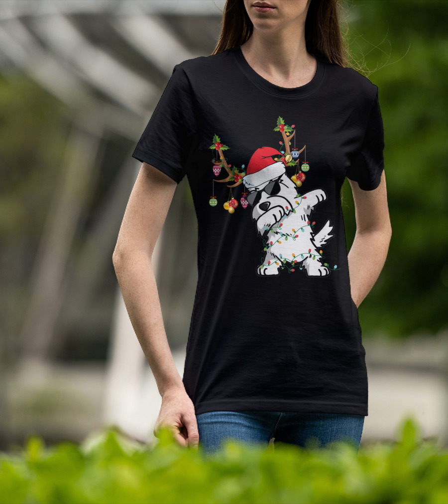 Dabbing Westie Dog Christmas Lights Santa Hat Reindeer Antlers Ornaments T-Shirt