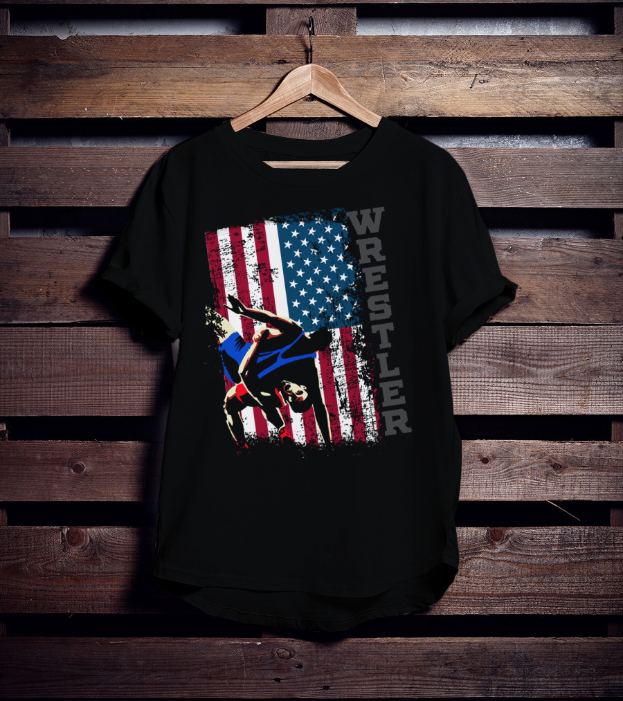 Wrestler Distressed American Flag Wrestling T-Shirt