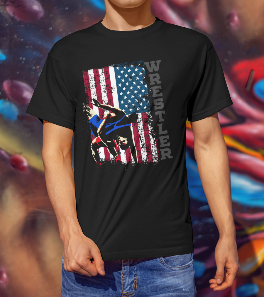 Wrestler Distressed American Flag Wrestling T-Shirt