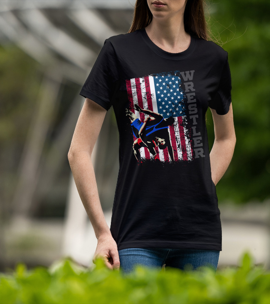 Wrestler Distressed American Flag Wrestling T-Shirt