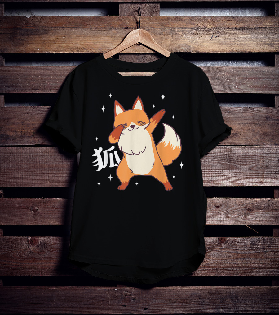 Fox Dabbing Kawaii Kitsune Japanese Kanji Stars T-Shirt