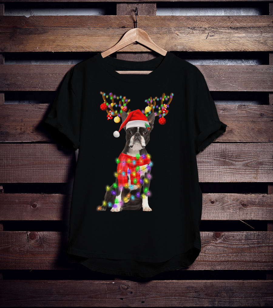 Funny Boston Terrier Christmas Reindeer With Santa Hat And Holiday Lights T-Shirt