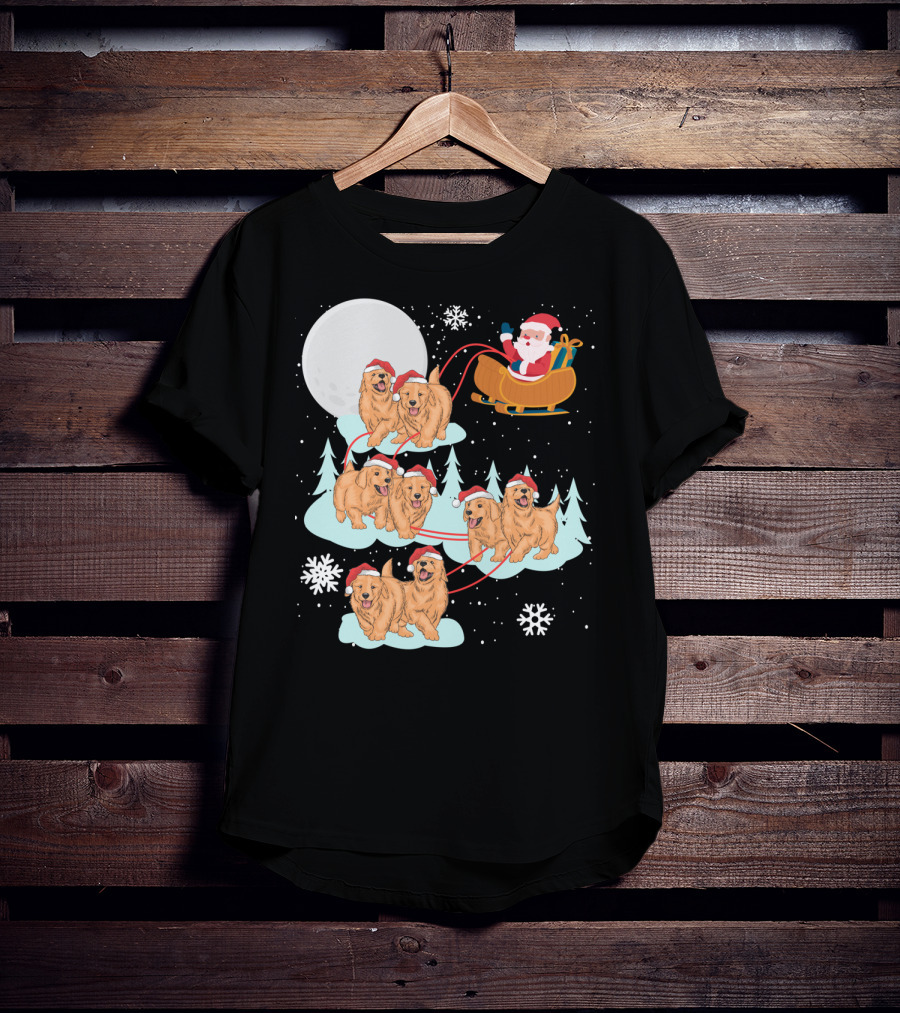 Funny Christmas Golden Retriever Santa Sleigh Holiday Scene T-Shirt