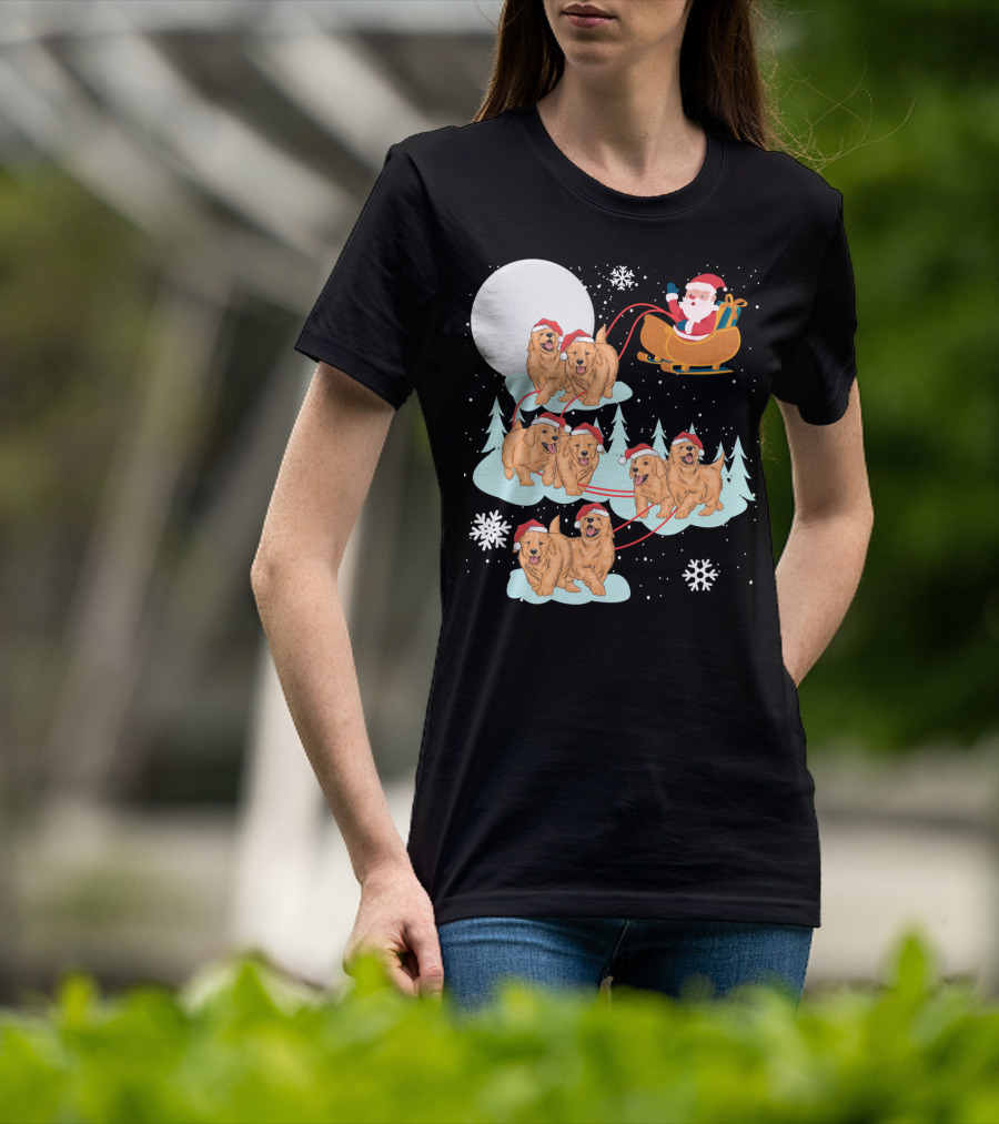 Funny Christmas Golden Retriever Santa Sleigh Holiday Scene T-Shirt