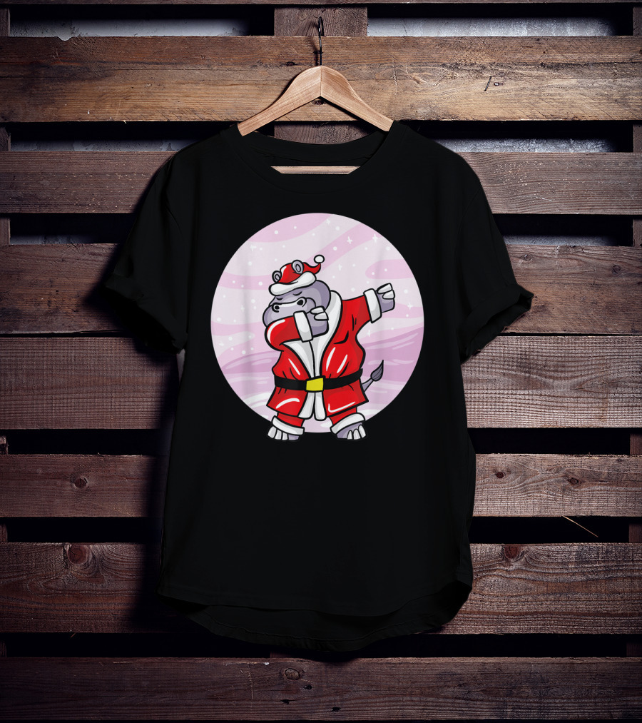 Funny Dabbing Christmas Santa Claus Hippo With Red Santa Suit T-Shirt