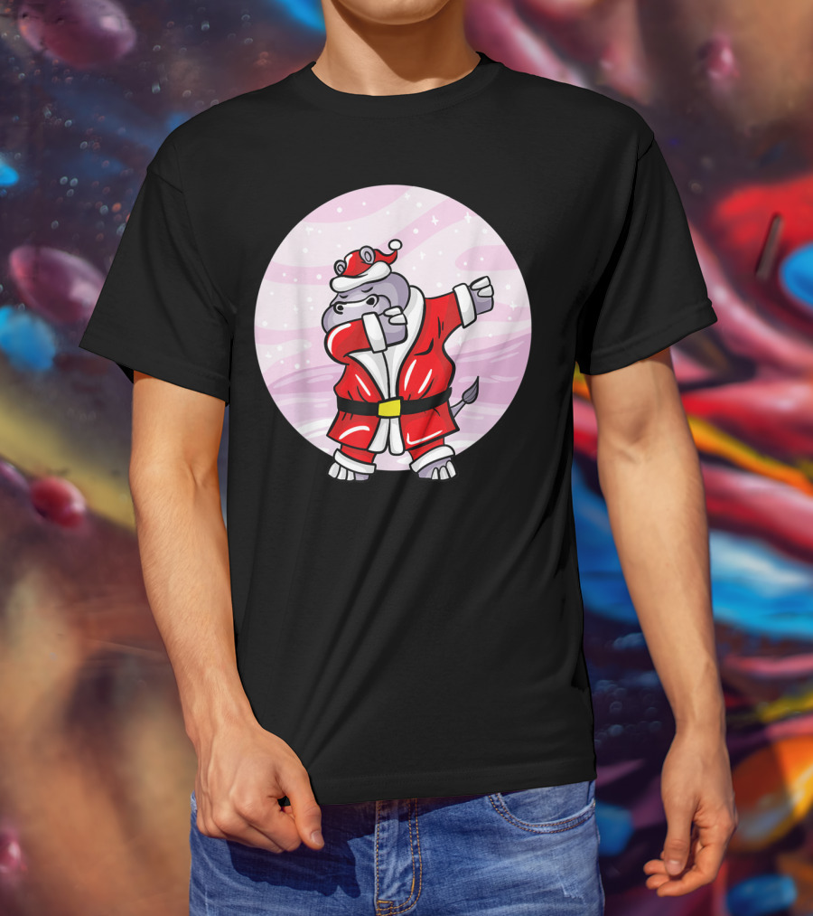 Funny Dabbing Christmas Santa Claus Hippo With Red Santa Suit T-Shirt