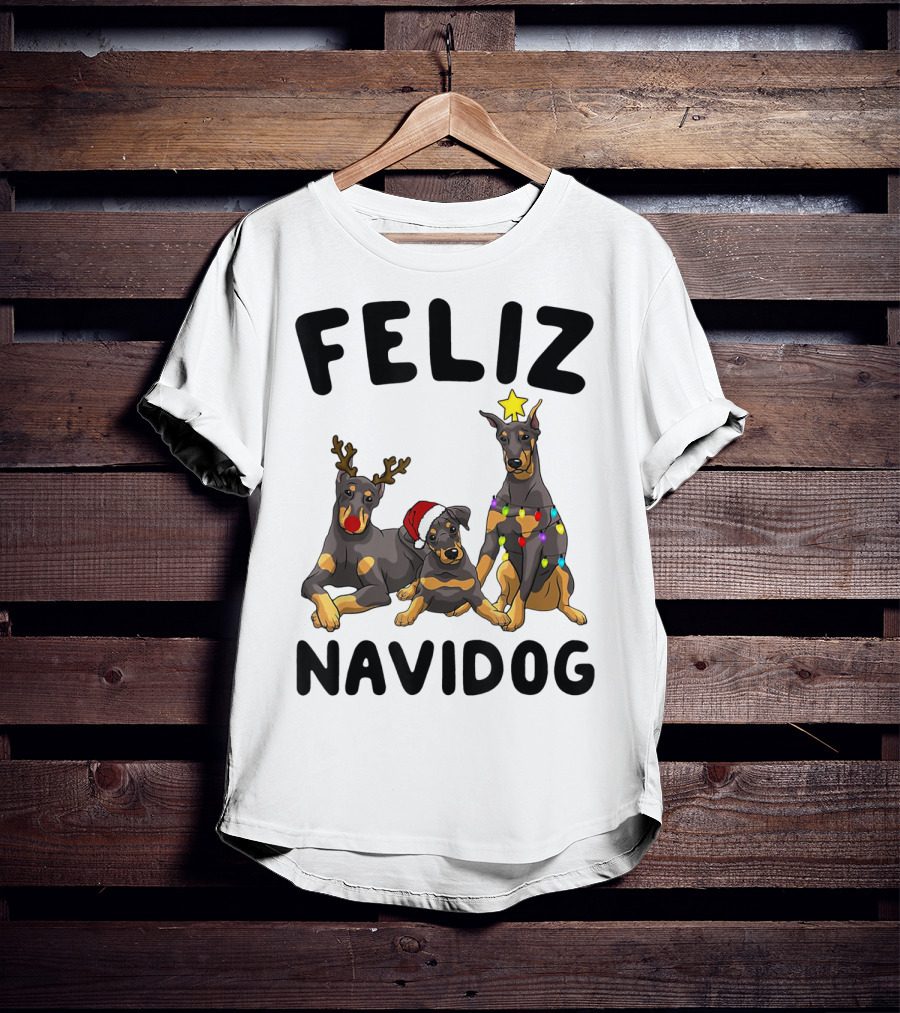 Feliz Navidog Doberman Pinscher With Reindeer Antlers Santa Hat And Christmas Lights T-Shirt