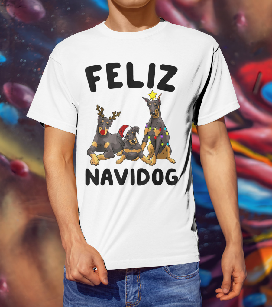 Feliz Navidog Doberman Pinscher With Reindeer Antlers Santa Hat And Christmas Lights T-Shirt