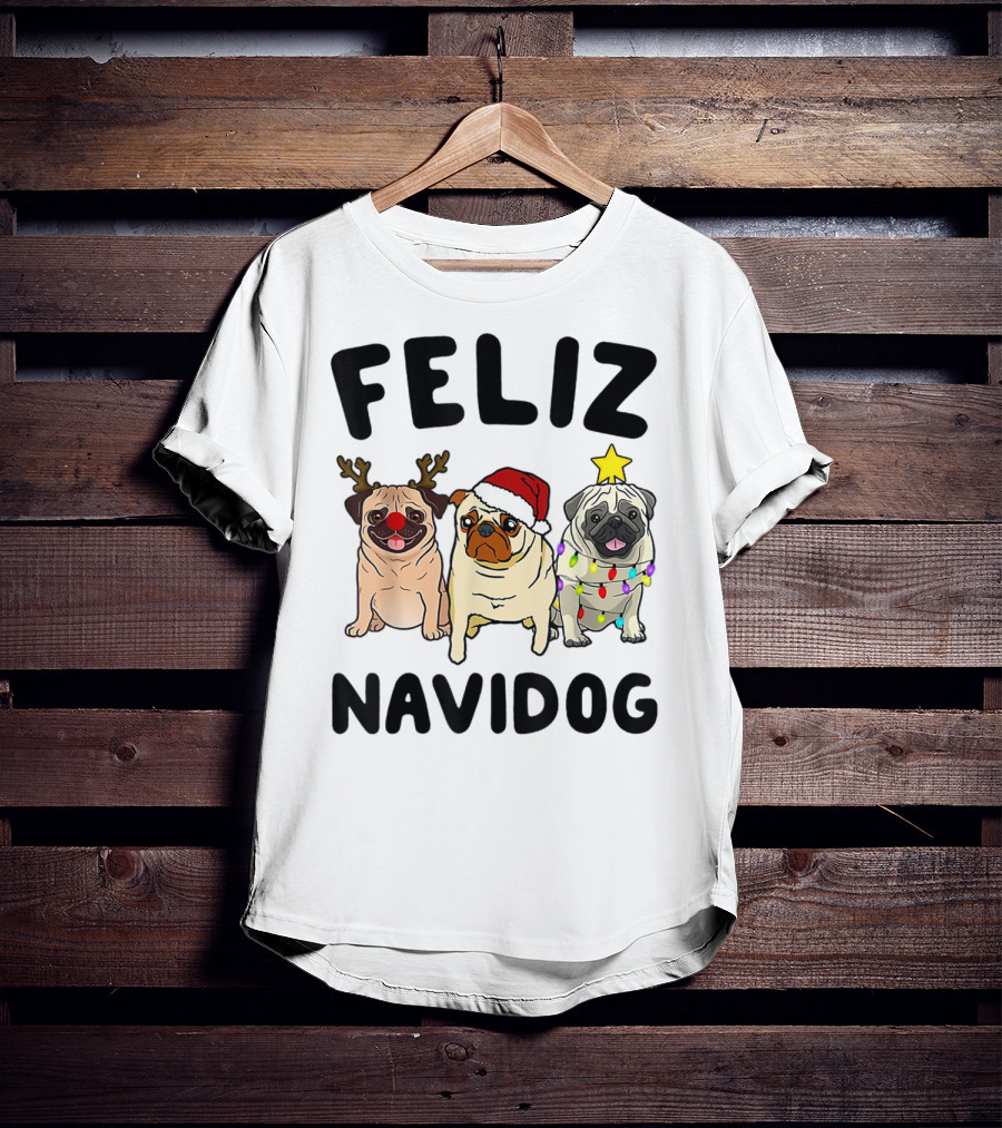 Feliz Navidog Pugs Christmas Antlers Santa Hat Lights T-Shirt
