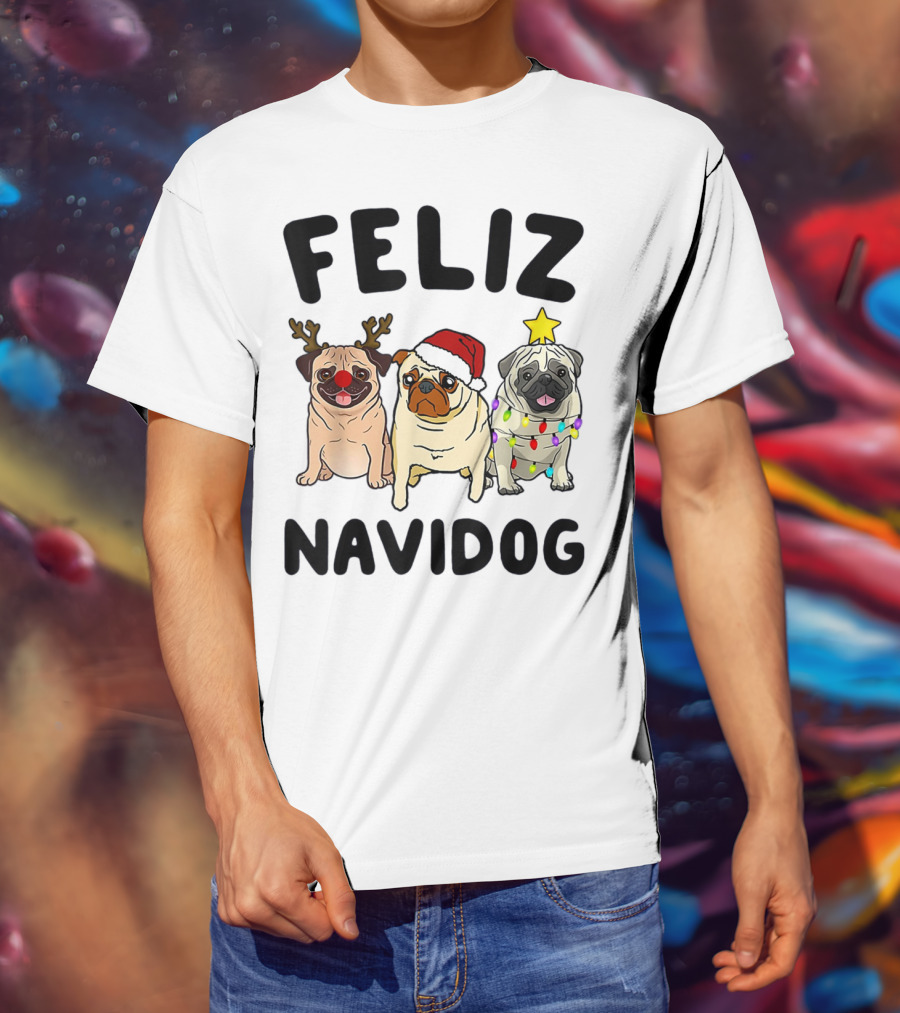 Feliz Navidog Pugs Christmas Antlers Santa Hat Lights T-Shirt