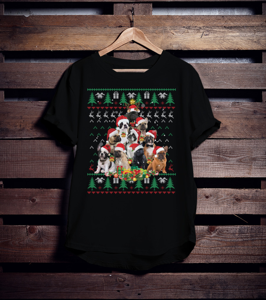 French Bulldog Christmas Tree With Santa Hats T-Shirt
