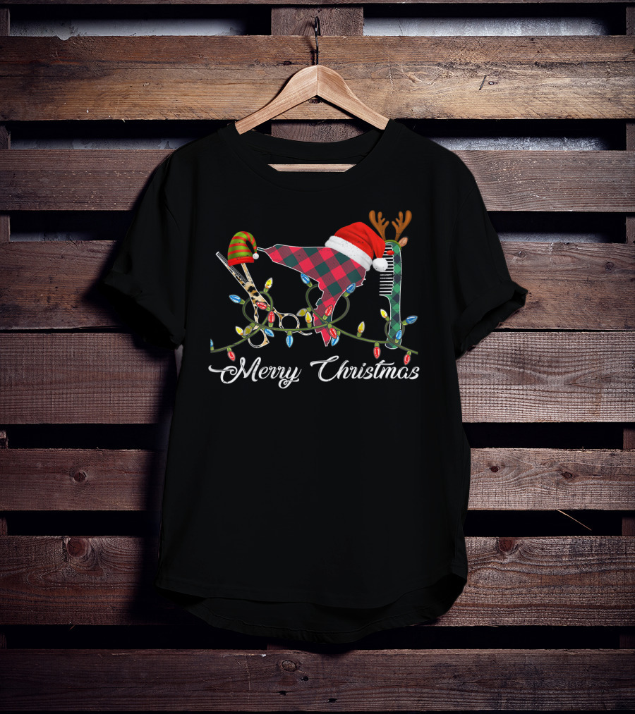 Merry Christmas Hair Stylist Tools With Santa Hat Scissors And Antler Comb T-Shirt