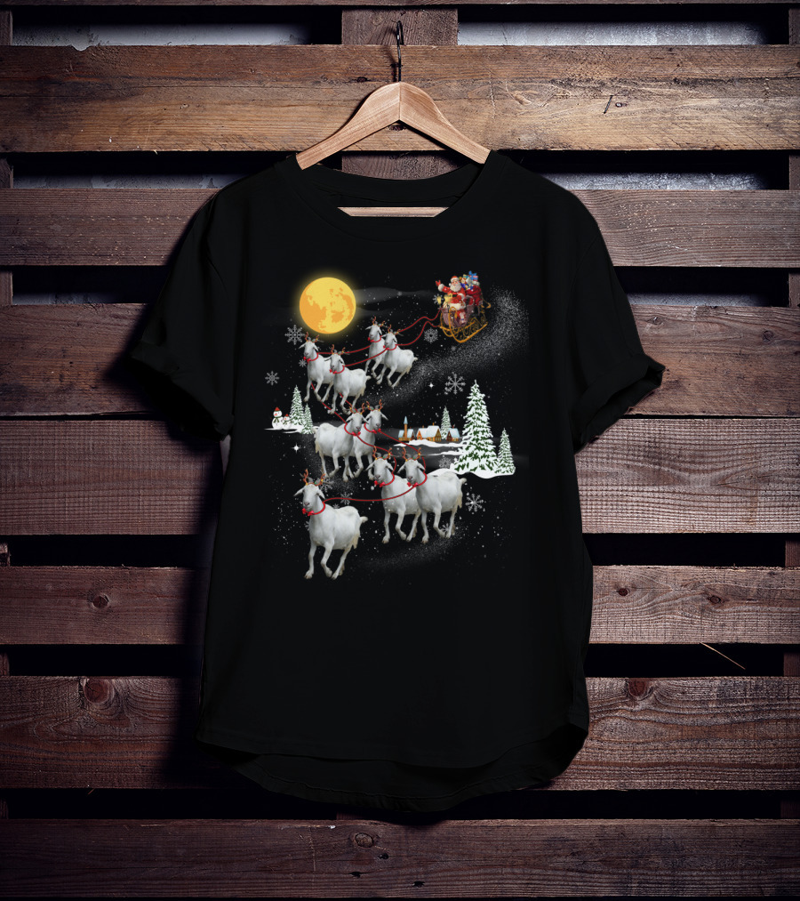 Funny Santa Riding Goat Sleigh Under Full Moon T-Shirt