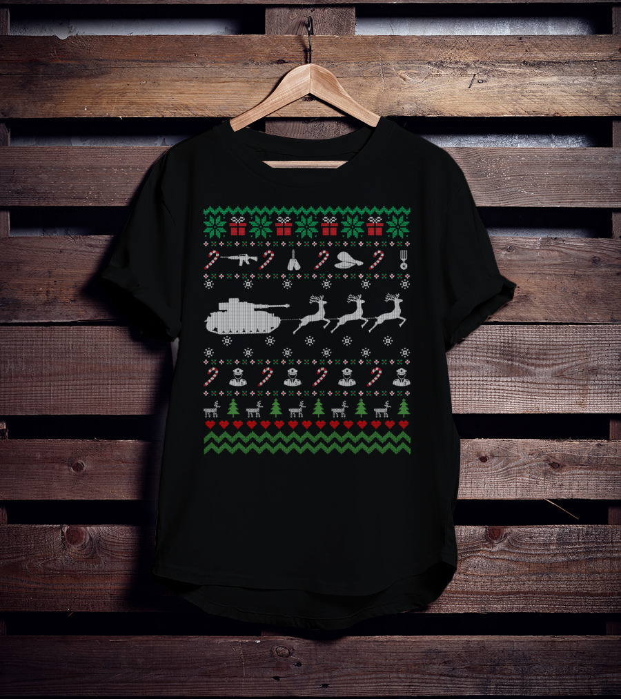 Funny Veteran Ugly Christmas Sweater With Tank Reindeer And Military Decorations T-Shirt