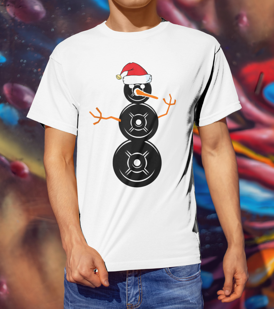 Funny Santa Hat Weightlifting Snowman Barbell T-Shirt