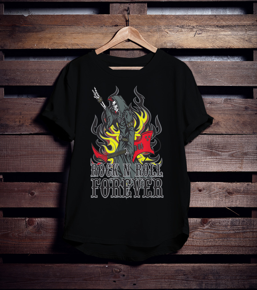 Rock N Roll Forever Grim Reaper Guitar Flames Horns Sign T-Shirt