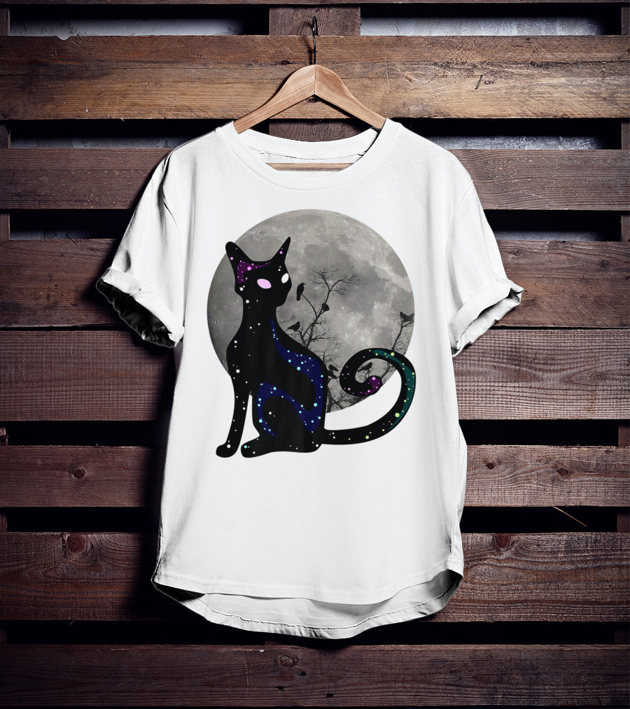Halloween Scary Black Cat Gothic Full Moon Ravens T-Shirt