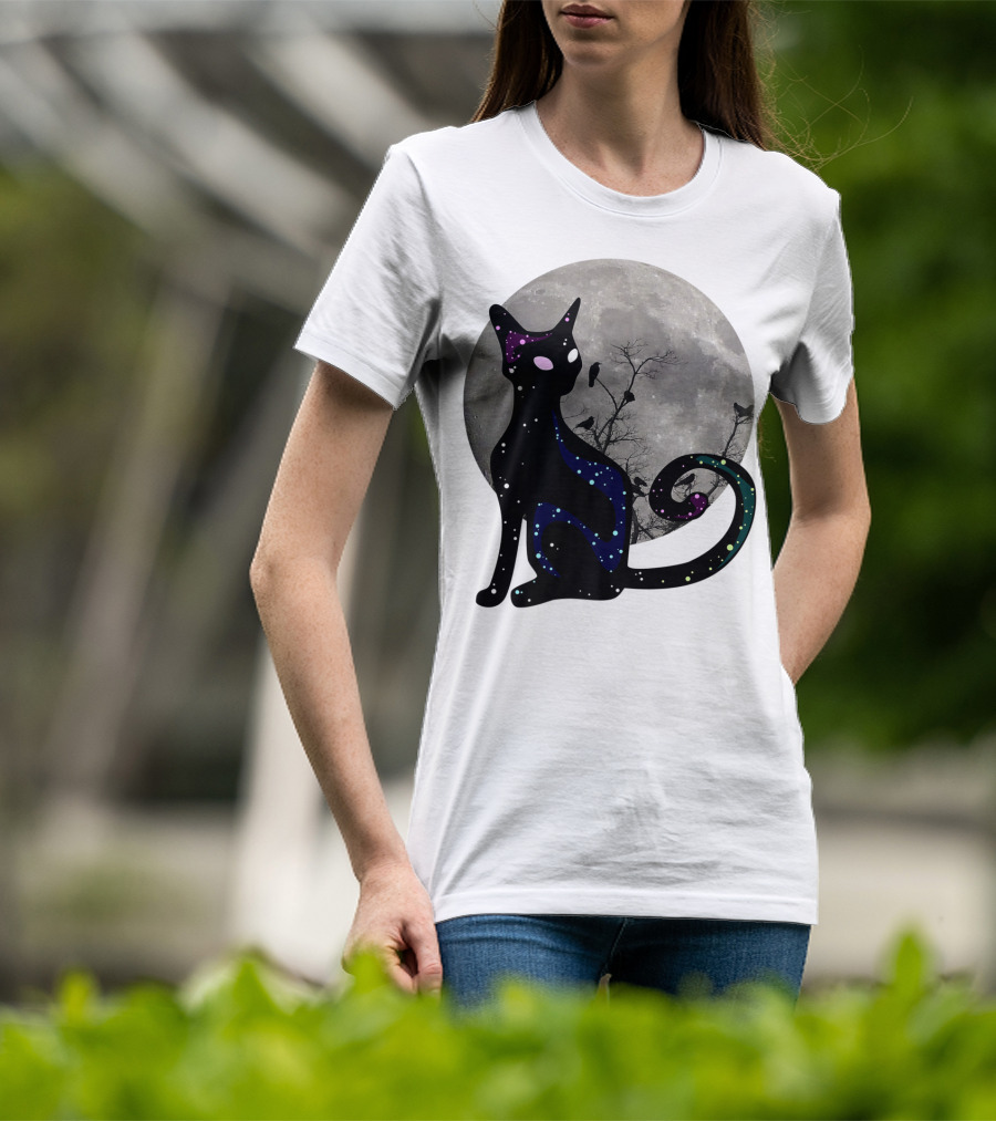 Halloween Scary Black Cat Gothic Full Moon Ravens T-Shirt