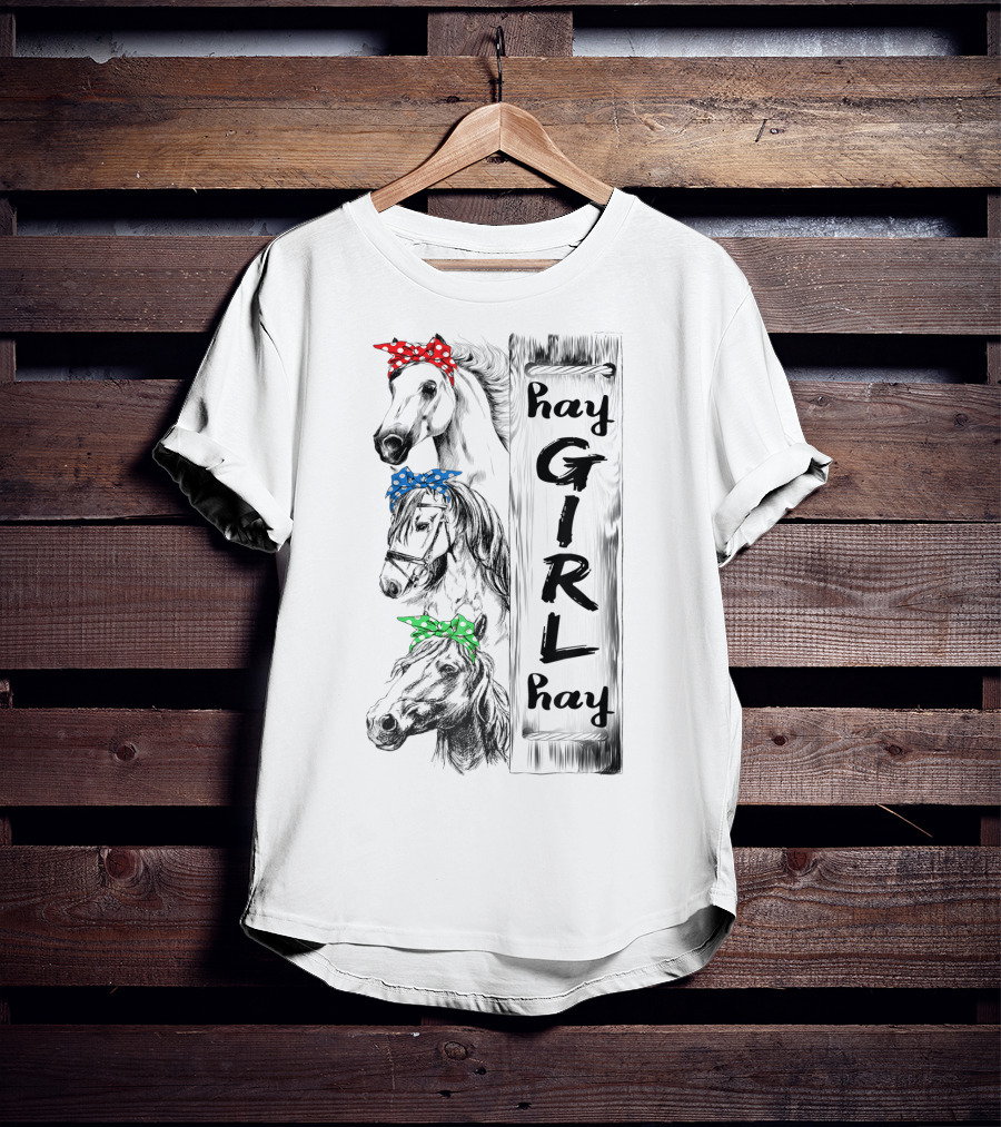Hay Girl Hay Three Horses With Red Blue Green Polka Dot Ribbons T-Shirt