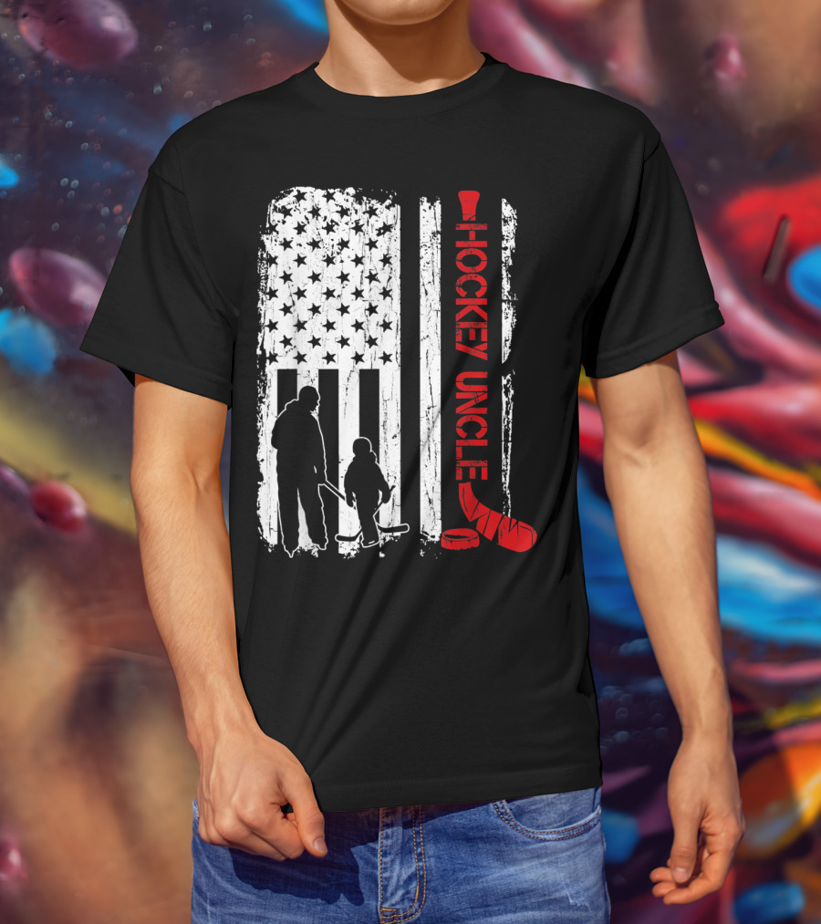 Hockey Uncle American Flag Silhouette With Stick And Player T-Shirt