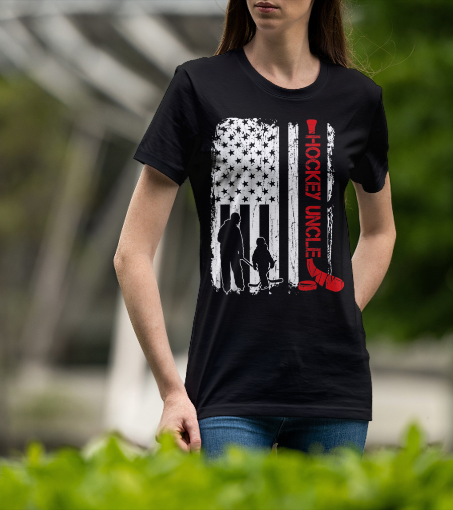 Hockey Uncle American Flag Silhouette With Stick And Player T-Shirt