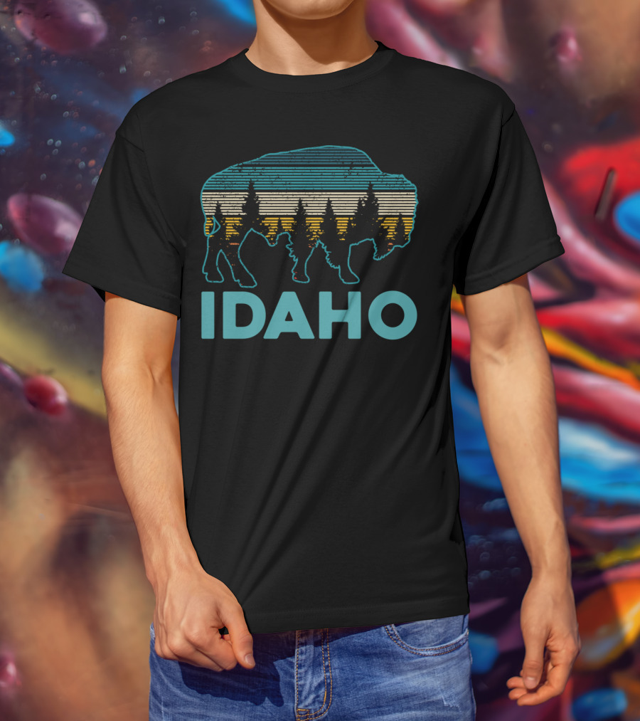 Idaho Bison Vintage American Buffalo Silhouette With Forest And Stripes T-Shirt