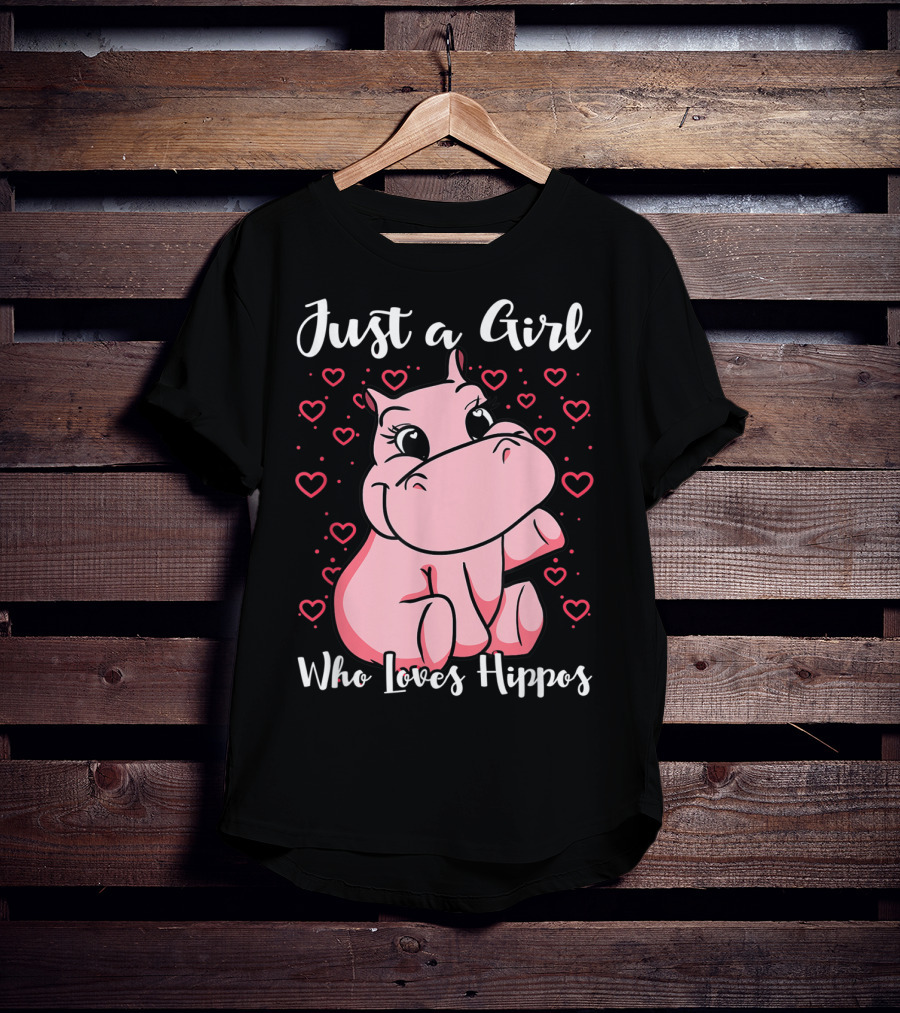 Just A Girl Who Loves Hippos Cute Animal Pink Hearts T-Shirt