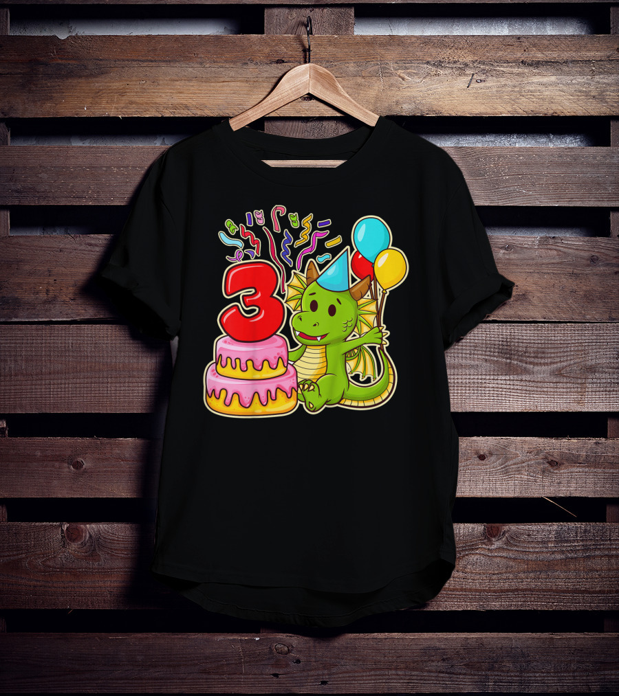 Kids 3rd Birthday Dragon Party Cake Balloons Confetti 3 Year Old T-Shirt