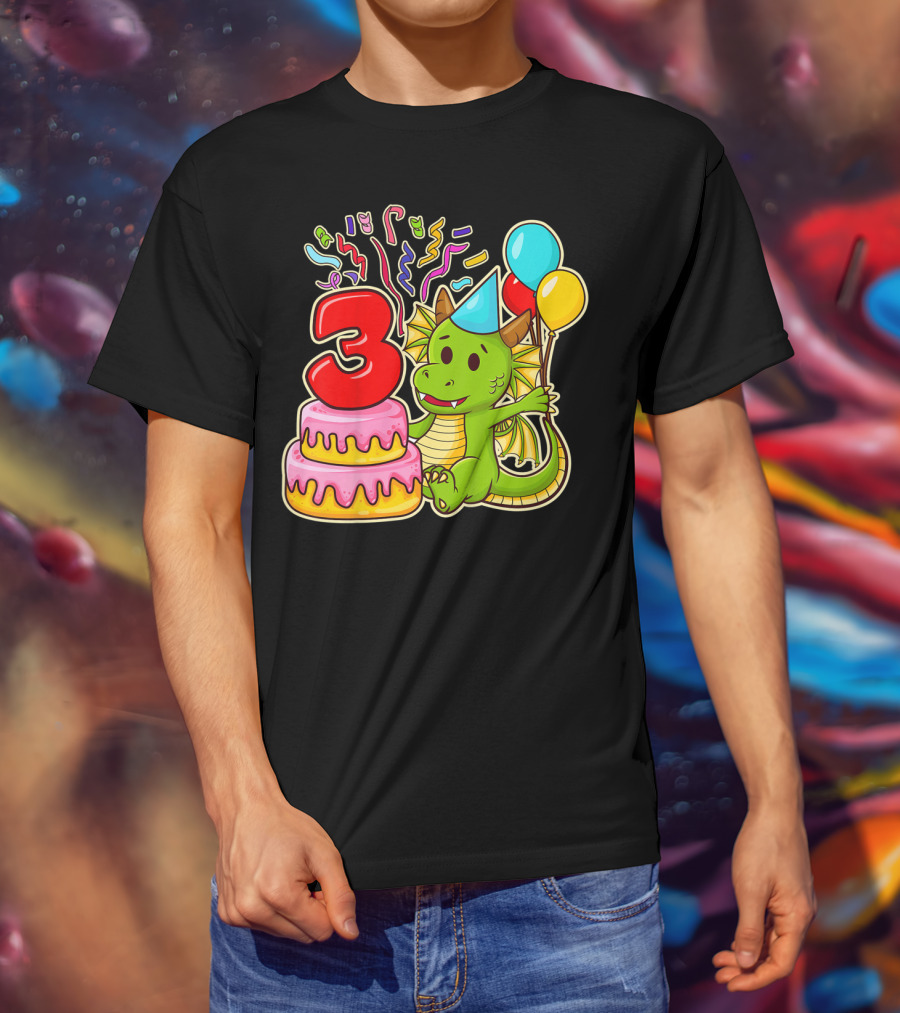 Kids 3rd Birthday Dragon Party Cake Balloons Confetti 3 Year Old T-Shirt