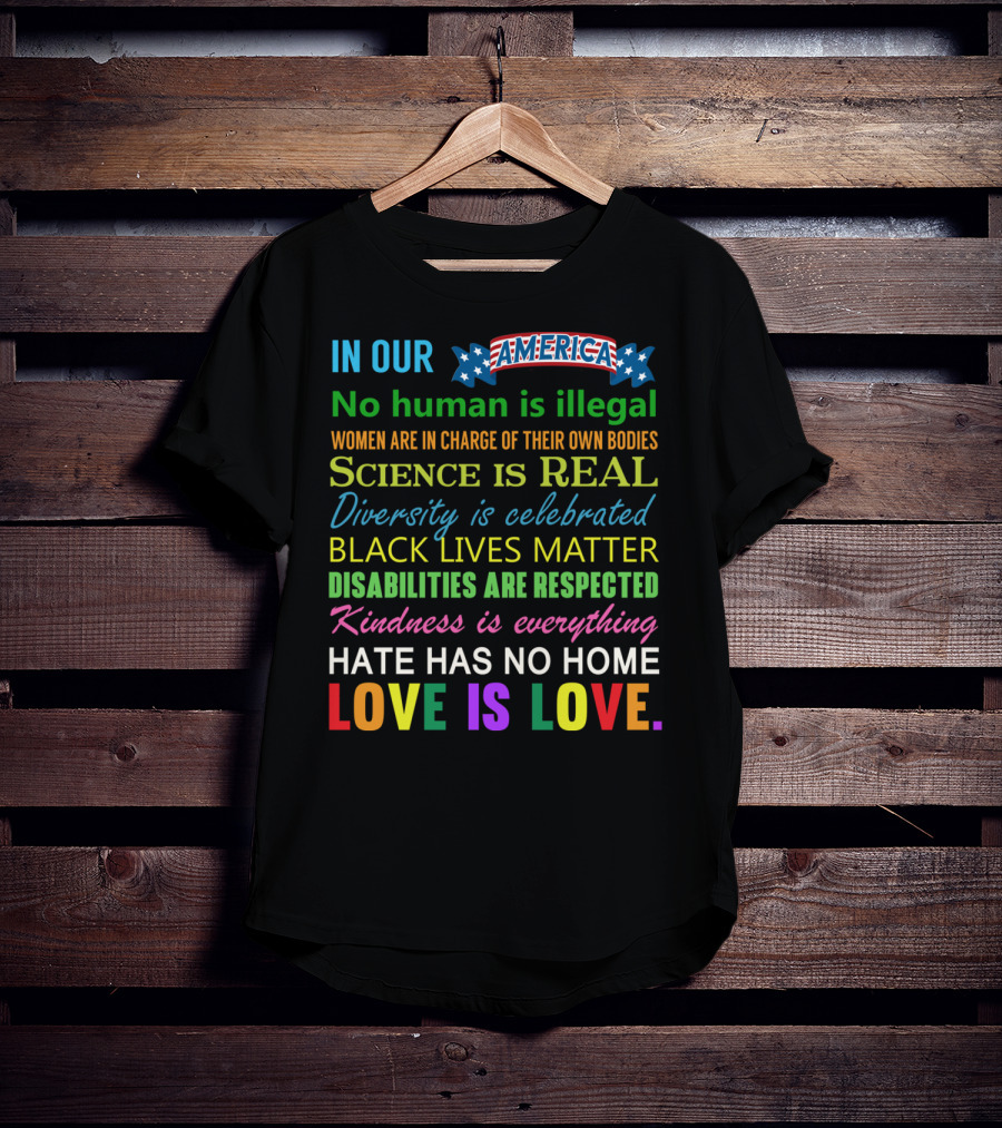 In Our America No Human Is Illegal Women In Charge Science Is Real Diversity Black Lives Disabilities Kindness Everything Hate Love Is Love T-Shirt