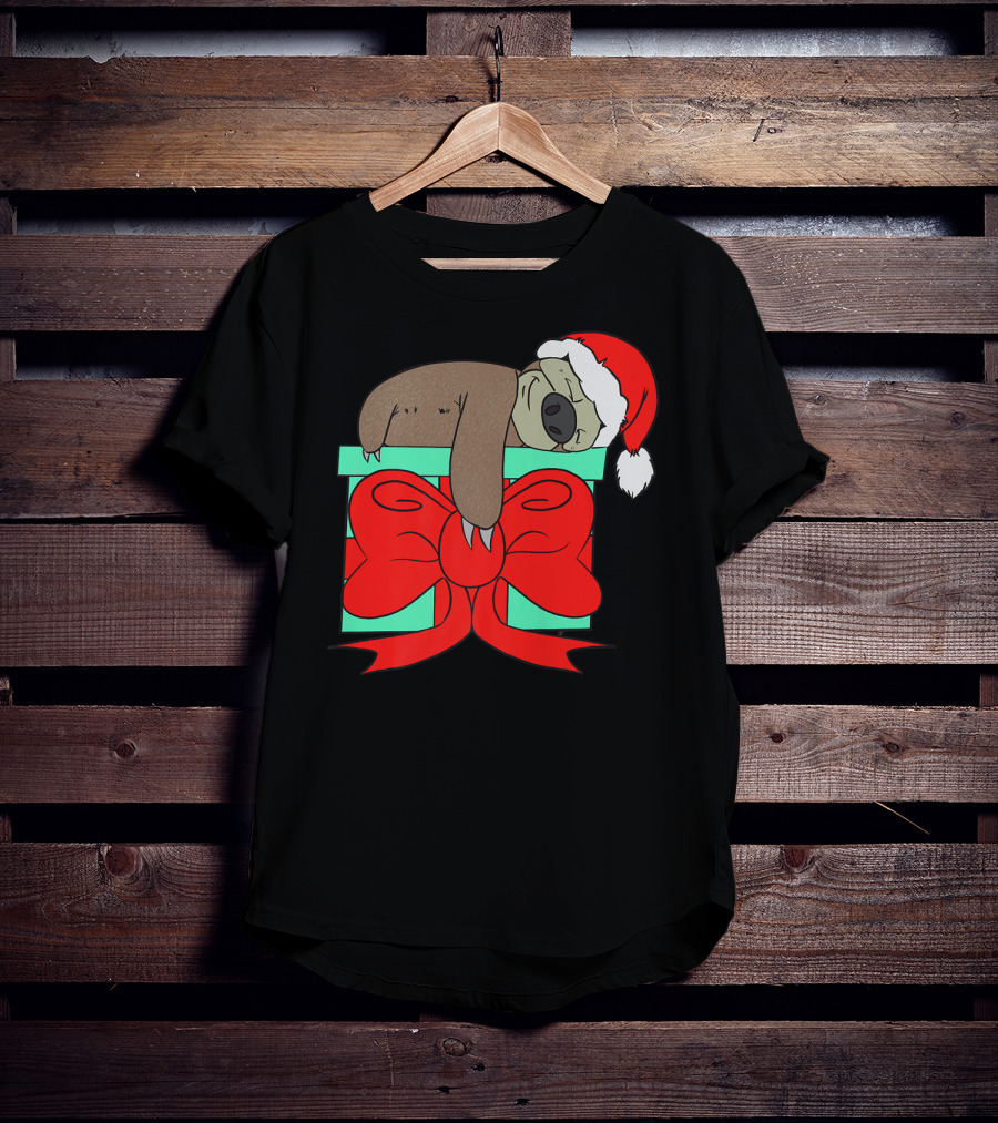 Lazy Christmas Sloth With Santa Hat And Gift Box Cute Funny Love It T-Shirt