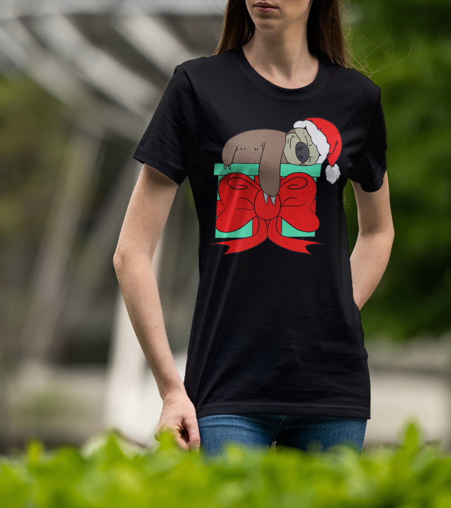Lazy Christmas Sloth With Santa Hat And Gift Box Cute Funny Love It T-Shirt