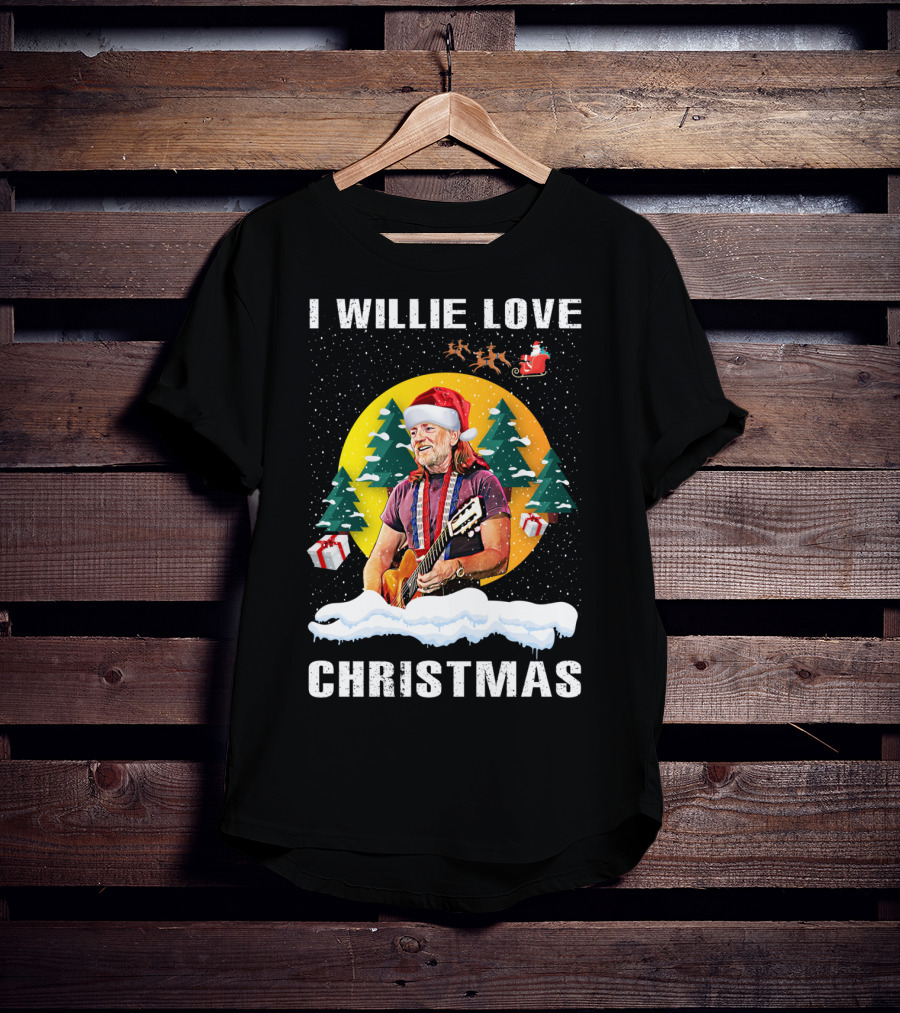 I Willie Love Christmas Santa Hat Guitar Snow Scene T-Shirt