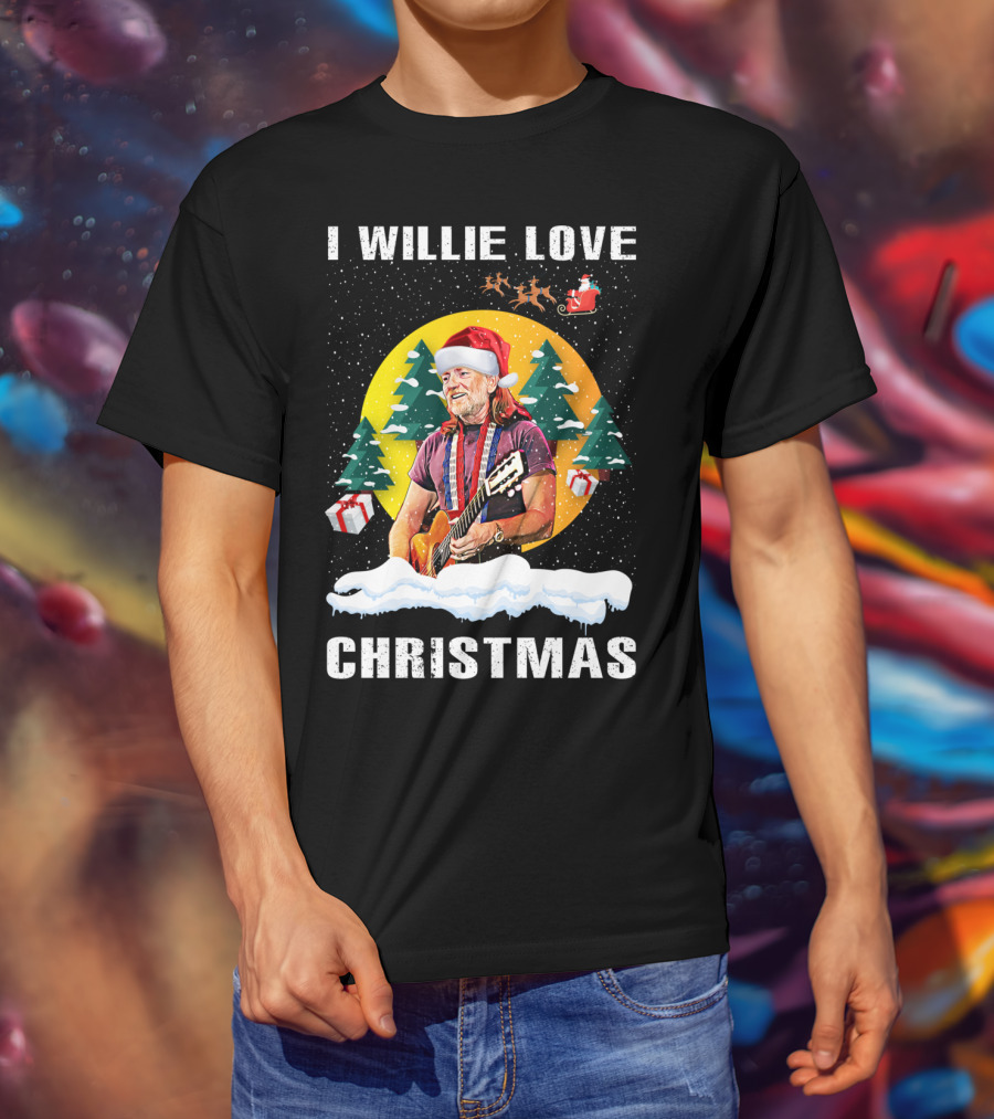 I Willie Love Christmas Santa Hat Guitar Snow Scene T-Shirt