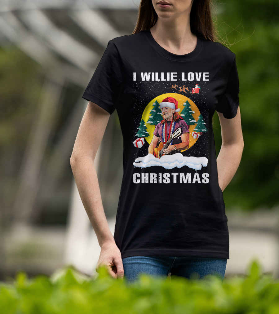 I Willie Love Christmas Santa Hat Guitar Snow Scene T-Shirt