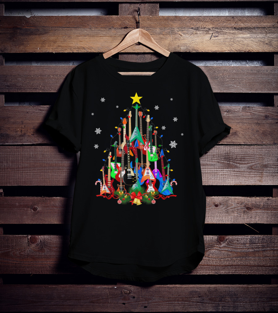 Mens Womens Guitar Christmas Tree Star Candy Canes Snowflakes Holiday Lights T-Shirt