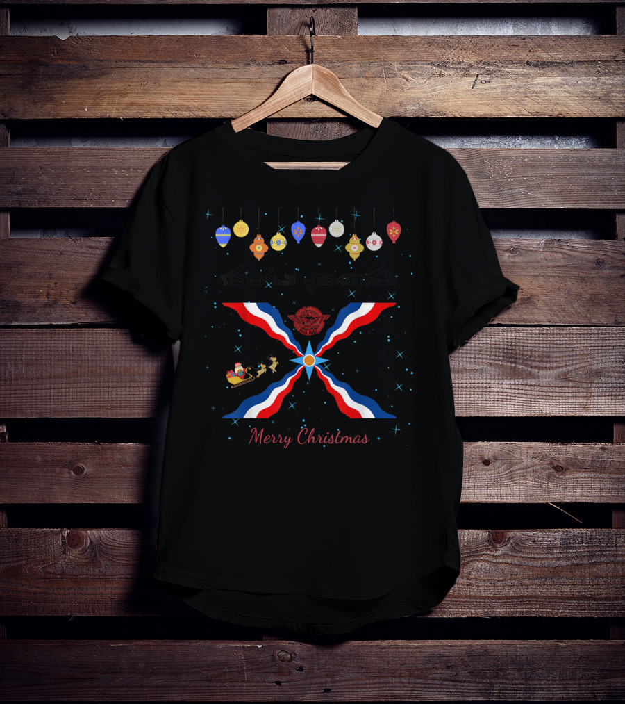 Merry Christmas Aramaic Eedokhoon Breekhaa Festive Ornaments And Assyrian Flag With Santa Sleigh T-Shirt