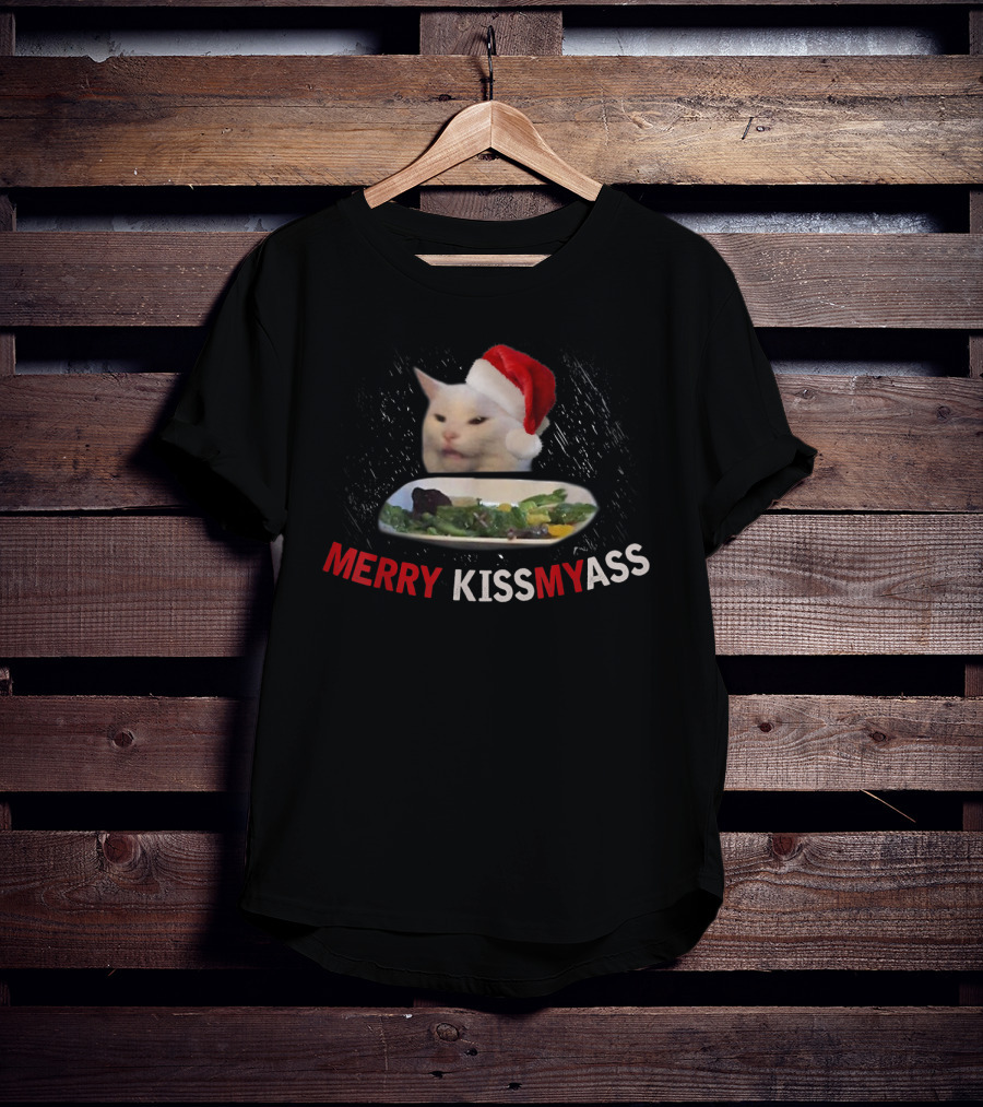Merry Kissmyass Smudge Cat Funny Xmas Family Santa Hat T-Shirt