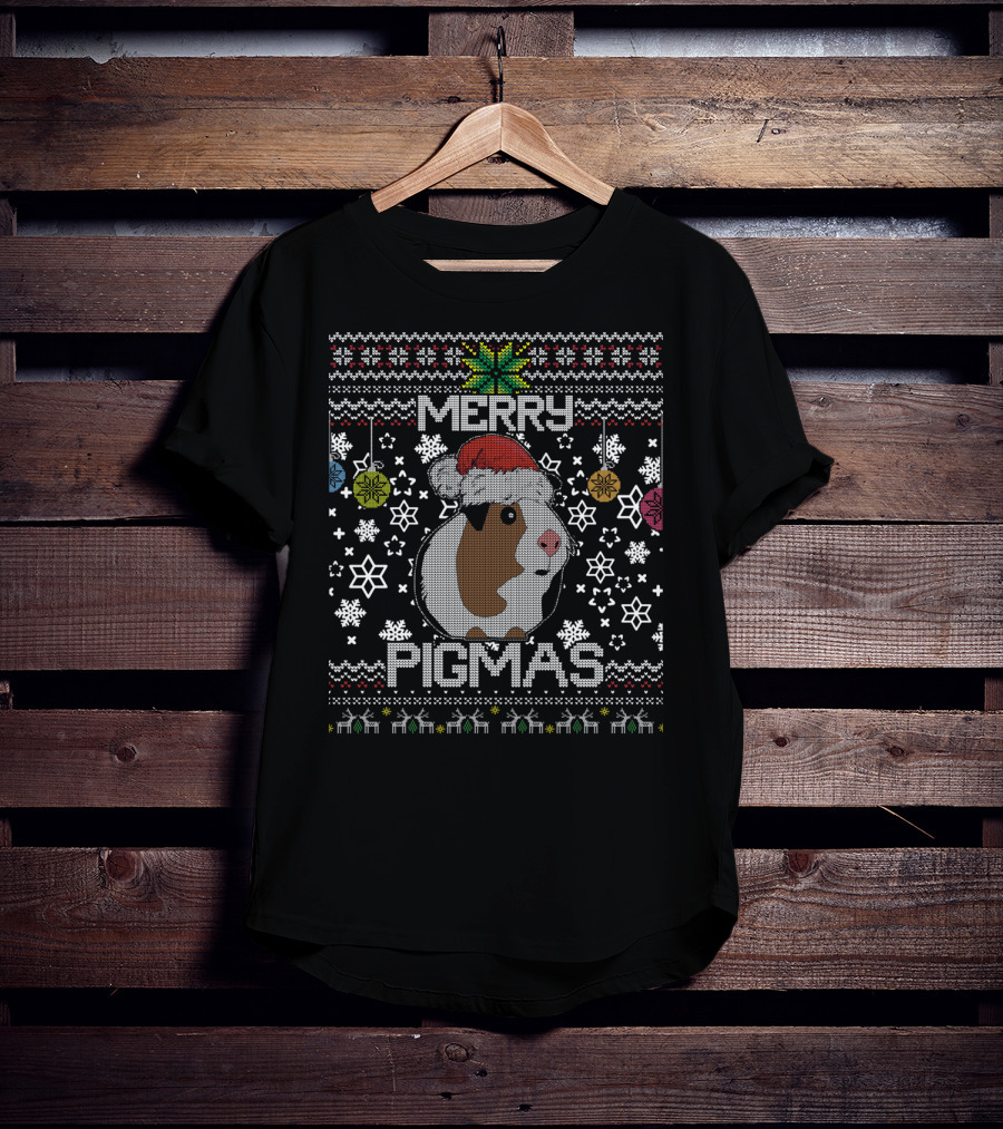 Merry Pigmas Ugly Christmas Humor With Santa Hat Guinea Pig And Snowflakes T-Shirt