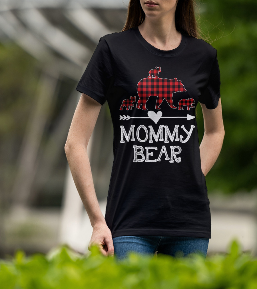 Mommy Bear Red Plaid Three Cubs Heart Arrow T-Shirt