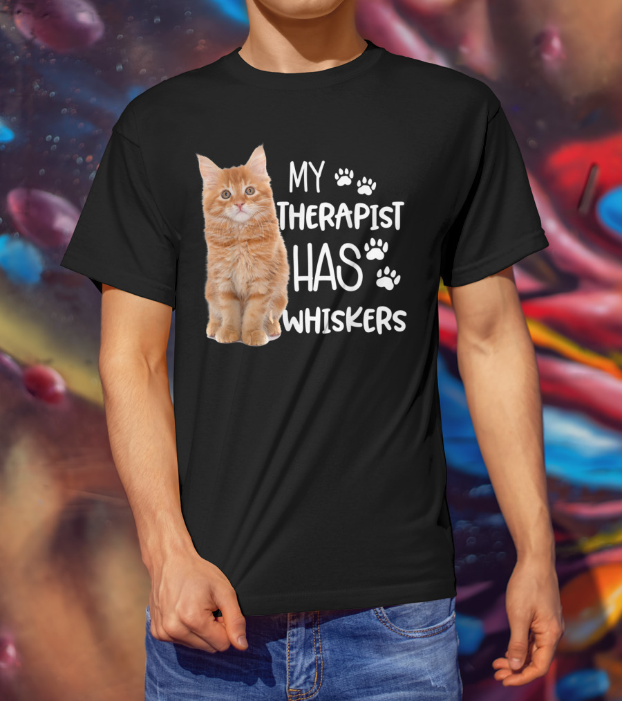 My Therapist Has Whiskers Funny Cat Lovers With Paw Prints And Orange Kitten T-Shirt
